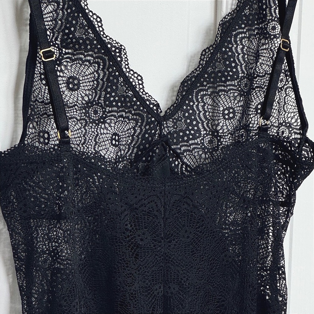 Black Satin and Lace Chemise Sheer Nightgown Mini Slip Dress‎ - Picture 4 of 9